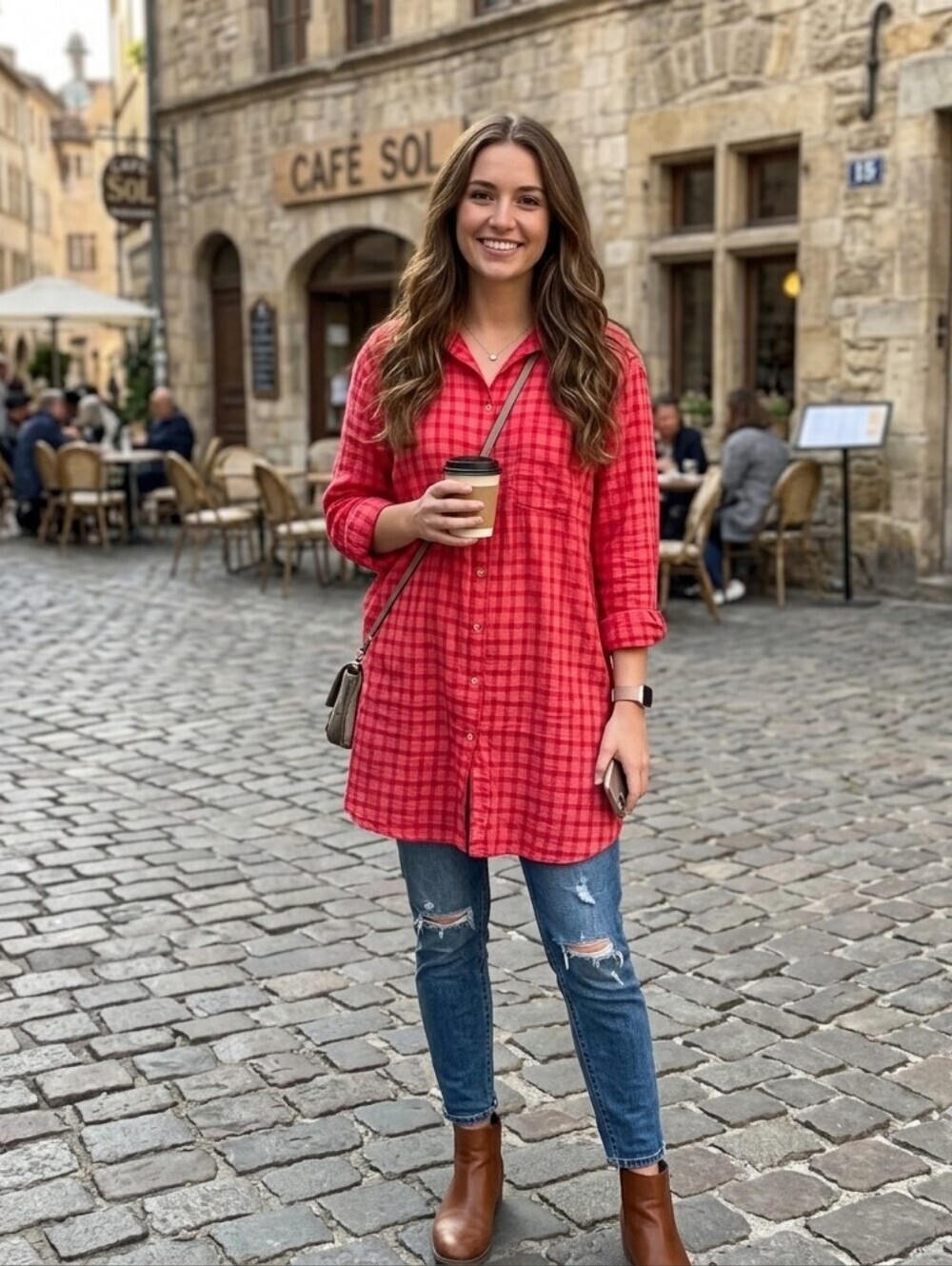 Antropologie Womens Red Plaid Button-Up Tunic Shirt Size Lge